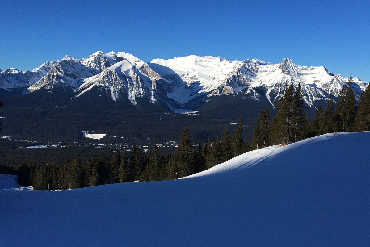 07A Lake Louise Ski Early Morning With Sheol Mountain, Haddo Peak and Mount Aberdeen, Mount Lefroy, Fairview Mountain, Mount Victoria above Lake Louise, Mount Whyte, St Piran and Niblock